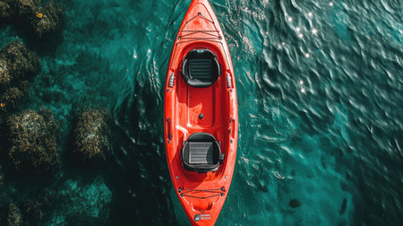 A striking red kayak floats peacefully on clear turquoise water, revealing underwater vegetation while sunlight sparkles on the surface, inviting outdoor adventure and exploration.の素材
