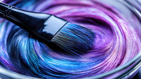 Close-up image showcasing a brush swirled in vibrant multi-colored hair dye, ideal for beauty and fashion themes, representing creativity and artistic expression in hairstyling.の素材