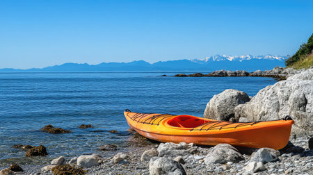 A vibrant orange kayak rests on a rocky shoreline, surrounded by serene waters reflecting the clear blue sky and distant snow-capped mountains, evoking a sense of adventure and tranquility.の素材
