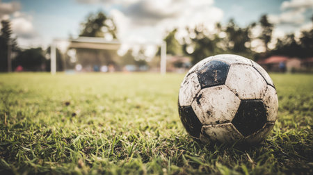 A close-up view of a weathered soccer ball resting on a lush green field, with a blurred background of goalposts and players, highlighting the joy of outdoor sports and active play.の素材