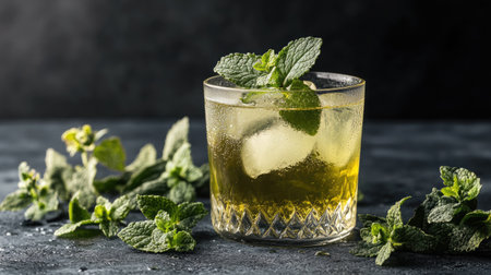 A vibrant cocktail served in a crystal glass showcases fresh mint leaves and ice, creating a refreshing drink ideal for summer gatherings and celebrations.の素材
