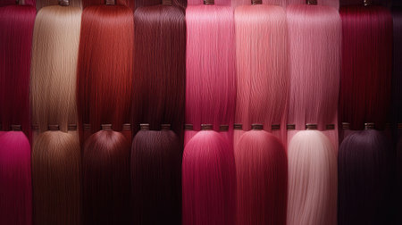 A collection of hair extensions in various shades including brown, red, pink, and blonde. Perfect for stylists looking for vibrant options to enhance beauty and fashion looks.の素材