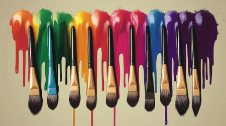 A visually striking arrangement of paintbrushes with vibrant paint drips showcasing a spectrum of colors, perfect for art-related projects and creative endeavors.の素材