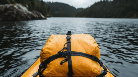 A vibrant yellow waterproof backpack sits atop a kayak, surrounded by serene lake waters and lush forests, creating a perfect outdoor adventure setting.の素材