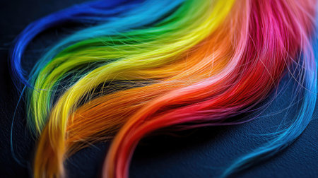 Striking close-up of colorful rainbow hair strands flowing gracefully against a dark background, symbolizing creativity and individuality in fashion and self-expression.の素材