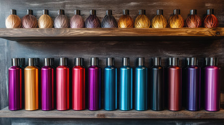 Colorful cosmetic bottles and hair products are neatly arranged on a wooden shelf, creating a visually striking display that highlights modern beauty and design aesthetics.の素材