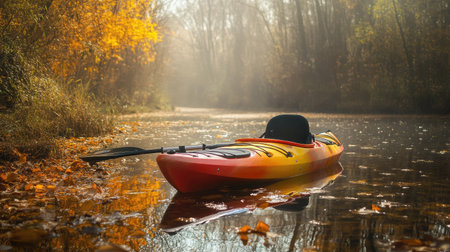 A serene kayak floats gently on a still river embraced by vibrant autumn leaves, creating a peaceful outdoor atmosphere in a misty landscape.の素材
