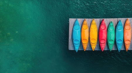 A stunning aerial view of vibrant kayaks arranged neatly on a dock above clear water, ideal for anyone seeking adventure and outdoor activities during the summer season.の素材