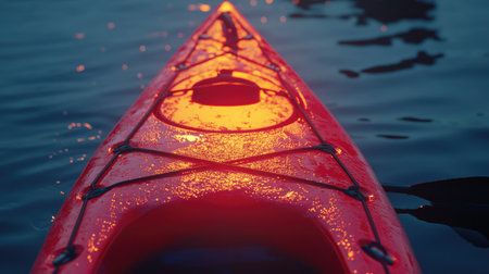 A striking image of a bright red kayak on calm water at dusk, showcasing the beauty of nature and the excitement of adventure. Perfect for travel or outdoor themes.の素材
