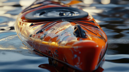 This captivating close-up of an orange kayak showcases its vibrant color against a calm water surface, ideal for promoting outdoor adventures and leisure activities.の素材