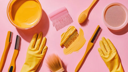 A creative flat lay of vibrant yellow hair care tools and products arranged on a soft pink background, perfect for beauty enthusiasts and professionals.の素材