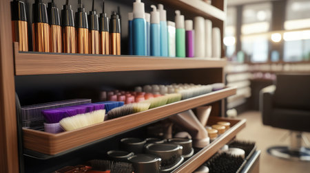 A vibrant selection of hair and beauty products showcased on shelves in a modern salon, highlighting an organized and stylish atmosphere perfect for professional grooming needs.の素材