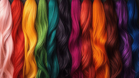 A stunning array of hair colors in wavy strands showcases a variety of shades, perfect for creative inspiration in beauty, fashion, and hairdressing projects.の素材