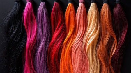 A stunning display of multicolored hair extensions featuring a range of vibrant shades from black to blonde, perfect for creative styles and beauty projects.の素材