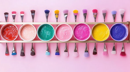 Vibrant and colorful paints alongside brushes create an inspiring arrangement on a pink backdrop, perfect for showcasing artistic creativity and DIY project ideas.の素材