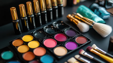 A stylish arrangement of vibrant makeup products including palettes, lipsticks, and brushes reflecting the beauty industry's creativity and artistry for enthusiasts and professionals.の素材