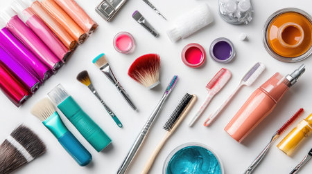 A vibrant and organized layout of beauty tools and makeup products on a white surface, showcasing brushes, containers, and accessories ideal for personal care and styling.の素材