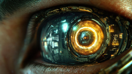 A stunning close-up of a cyborg eye reveals intricate technological components and a golden glow, blending artistry with advanced futuristic design, perfect for imaginative projects and concepts.の素材