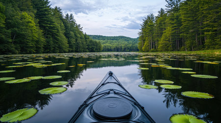 Experience the beauty of nature with a serene kayaking scene featuring calm waters surrounded by lush trees and vibrant lily pads, perfect for outdoor lovers.の素材
