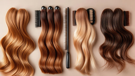 Explore a stunning arrangement of hair extensions in diverse colors and textures, complemented by combs, perfect for beauty enthusiasts and professionals.の素材