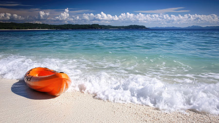 A serene beach scene featuring an orange kayak resting on the soft sand, with gentle waves lapping at the shoreline under a vivid blue sky and fluffy clouds.の素材