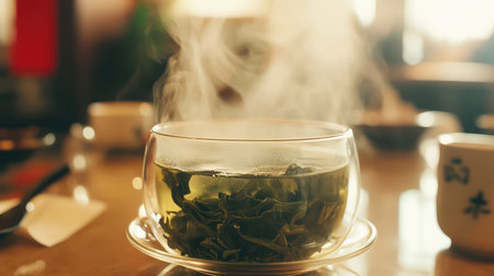 A serene scene featuring a steaming cup of green tea with fresh leaves in a glass teapot, evoking warmth and tranquility in a cozy tea room environment.の素材