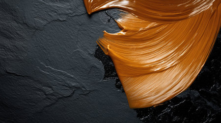 This artistic image features a bold golden brown paint stroke applied on a dark textured surface, creating a captivating contrast and showcasing modern artistic expression.の素材