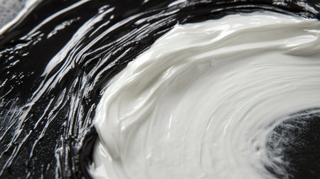 This image showcases a close-up of black and white paint merging on a palette, highlighting smooth textures and vibrant swirls, ideal for artistic projects and creative inspiration.の素材