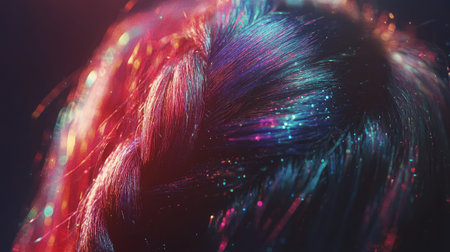 This image features a stunning close-up of braided hair adorned with sparkling glitter and vibrant hues, set against a dark backdrop, capturing the essence of modern beauty aesthetics.の素材