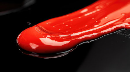 A close-up of vivid red paint flowing on a glossy black surface, creating a striking visual contrast that enhances artistic and creative projects. Perfect for use in design.の素材
