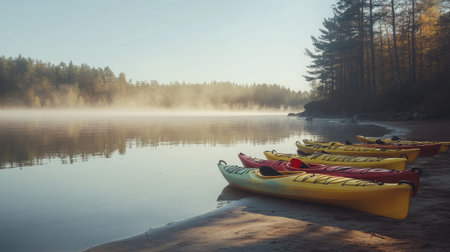 A serene river scene features colorful kayaks resting on a sandy shore, surrounded by mist and lush forests, inviting adventurers for a peaceful outdoor kayaking experience.の素材