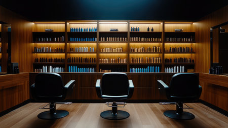 A stylish barbershop interior featuring sleek black chairs and illuminated shelves stocked with hair care products, creating a modern and inviting grooming environment.の素材