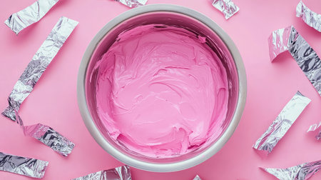 A beautifully styled image of creamy pink frosting in a silver bowl surrounded by shiny metallic foil, creating a delightful scene perfect for dessert and baking inspiration.の素材