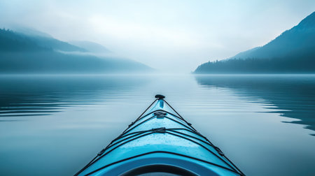 Experience the tranquil beauty of a kayak gliding through calm waters, embraced by misty mountains. Perfect for capturing the essence of adventure and peaceful exploration.の素材