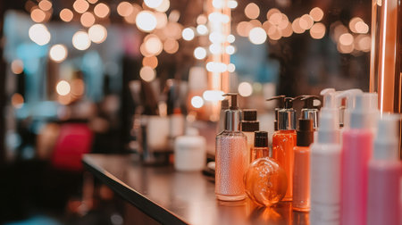 Bright and inviting scene of beauty products arranged artistically on a counter in a salon, showcasing the elegance of skincare and cosmetics amidst warm, glowing lights.の素材
