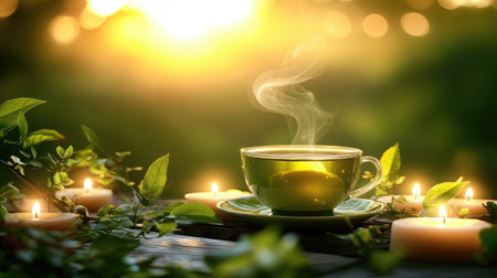 A calming scene featuring a cup of green tea with steam rising, surrounded by candles and greenery, creating a serene ambiance during a golden sunset.の素材
