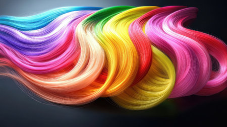A stunning display of colorful hair strands flowing elegantly against a dark backdrop, showcasing vibrant hues and smooth textures in an artistic and creative manner.の素材