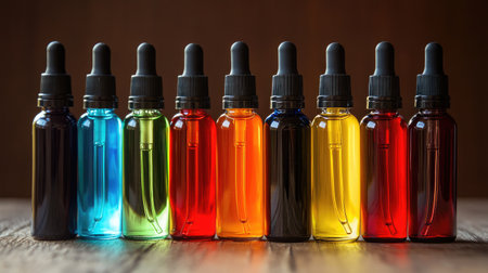 A vibrant display of colorful dropper bottles arranged skillfully against a wooden background, perfect for showcasing various essential oils or liquid extracts in a stylish manner.の素材