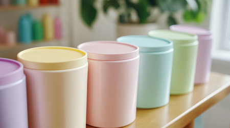 A collection of pastel colored containers arranged neatly on a wooden table, creating a visually appealing display perfect for home organization and decor inspiration.の素材