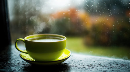 A steaming cup positioned on a windowsill captures the essence of warmth and comfort as raindrops adorn the glass, creating a serene and cozy atmosphere.の素材