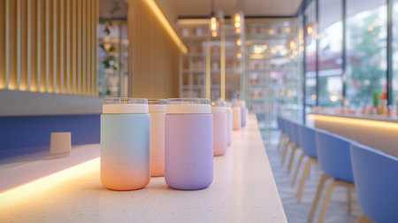 A collection of colorful containers on a stylish cafe counter, set in a modern and airy environment that highlights contemporary design and inviting atmosphere.の素材