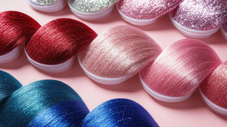 A vibrant assortment of sparkling hair fibers in various colors, perfect for creative projects and enhancing hairstyles, set against a soft pink background.の素材