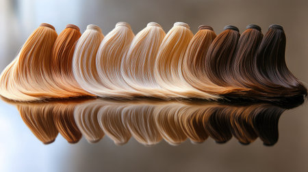 Explore a captivating collection of hair samples showcasing a variety of colors from dark brown to light blonde, ideal for beauty and hairstyling inspiration.の素材