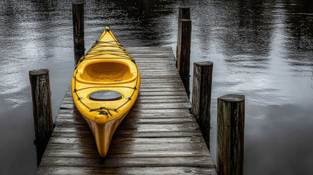 A stunning yellow kayak awaits on a wooden dock, surrounded by tranquil waters. This image captures the essence of outdoor recreation and natural beauty.の素材