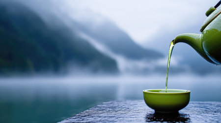 A serene image depicting green tea being poured from a teapot into a cup, set against a misty mountain backdrop. Perfect for themes of relaxation and nature.の素材