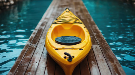 A bright yellow kayak is beautifully positioned on a rustic wooden dock, surrounded by serene turquoise waters, inviting outdoor enthusiasts for summer adventures and exploration.の素材