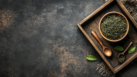Discover organic loose green tea leaves displayed in a rustic bowl, highlighting natural beauty and wellness on a textured dark background perfect for culinary inspiration.の素材