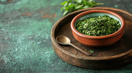 A rustic bowl filled with freshly chopped green herbs rests on a wooden surface, accompanied by a spoon, creating a vibrant and natural culinary scene ideal for food styling.の素材