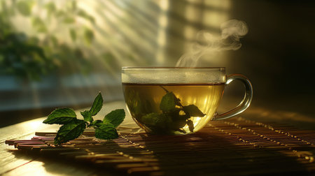 This image captures a steaming cup of herbal tea with fresh mint leaves, set on a wooden surface, bathed in warm morning light, creating a serene and inviting atmosphere.の素材