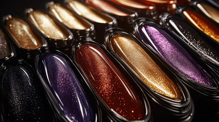 Discover a captivating arrangement of sparkling nail polishes in sleek containers, showcasing a stunning array of vibrant colors and textures perfect for beauty enthusiasts.の素材